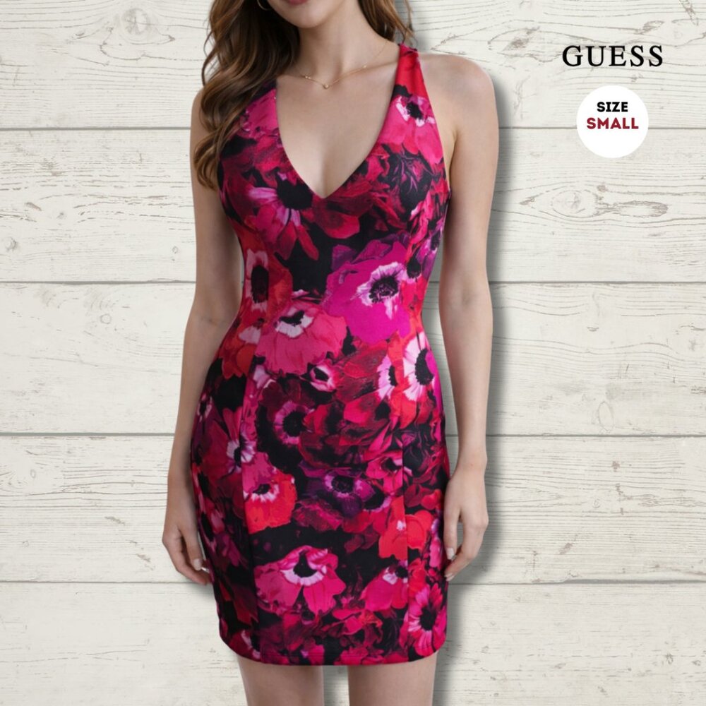 Guess Floral Mini Dress | Pink & Black | Size Small | Bodycon Fit
